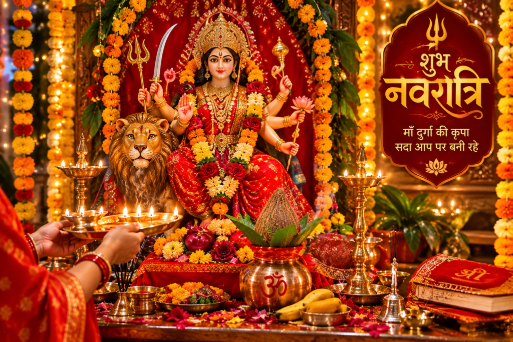 Navratri Pooja with Maa Durga idol, Kalash Sthapana, Aarti and traditional Vedic worship.
